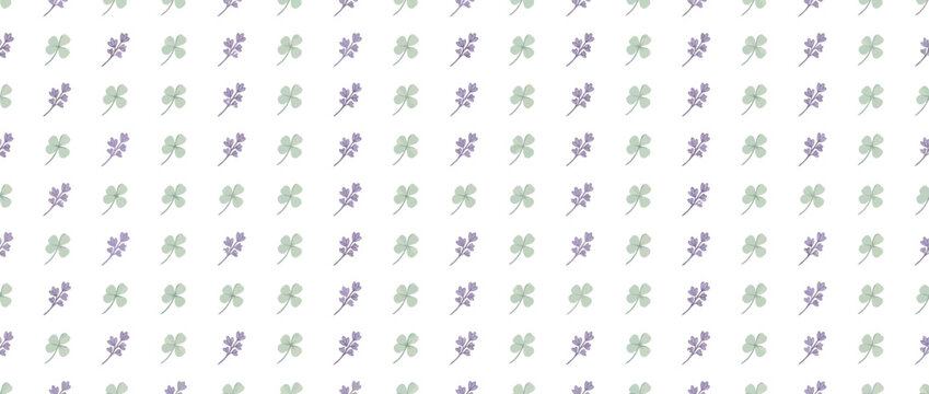 Watercolor seamless pattern with purple lavender and green clover leaves