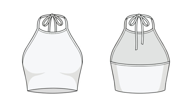 Women Fashion Halter Neck Sleeveless Crop Top Technical Flat Sketch Illustration Template Front and Back View
