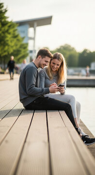Couple smiling while looking at a smartphone on a wooden deck by the water, symbolizing connection and shared moments outdoors
