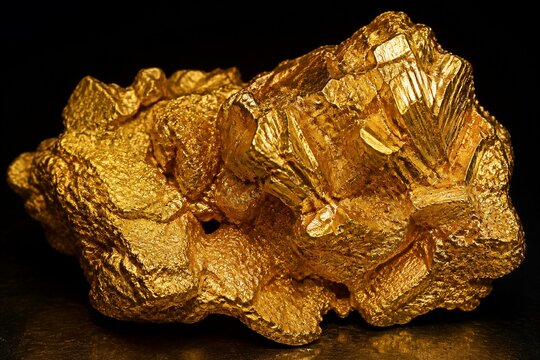 Gold nugget rough specimen on dark reflective surface
