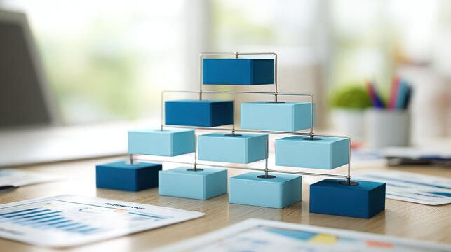 3D organizational chart hierarchy model with blue blocks on office desk