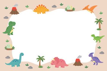 Cute dinosaur frame background isolated on a beige border. Flat vector illustration with t-rex, triceratops, volcano, and palm tree for kids party invitation and kindergarten card design. © Tuesday04