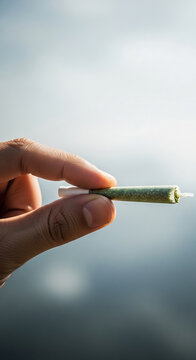 Hand holding a rolled cigarette with green filling, blurred background symbolizing relaxation or escape