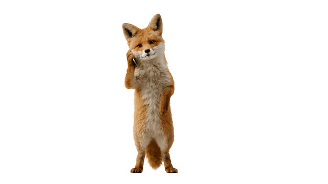 Cute fox standing with paws together isolated on white background