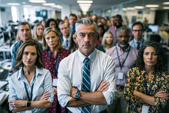 In a modern office filled with workstations, a diverse group of professionals stands with serious expressions, looking directly at camera
