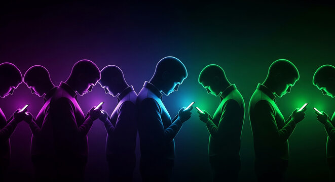 Silhouettes of people engrossed in their smartphones, bathed in vibrant neon purple and green light, symbolizing digital connection and isolation.