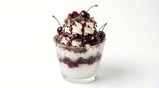 Decadent Black Forest Bingsu layered with chocolate shavings, sweet cherry compote, and whipped cream on a white background