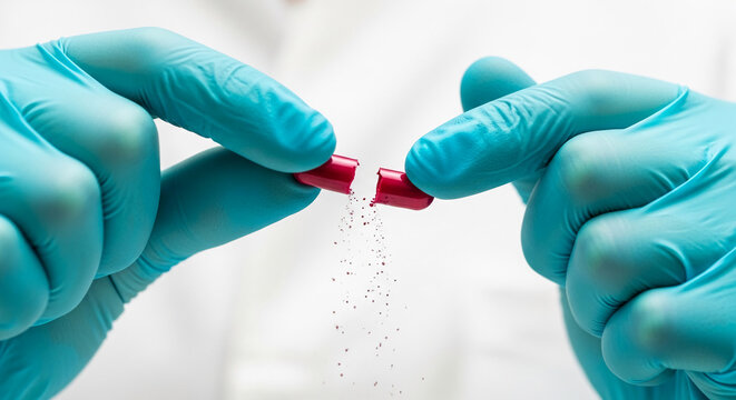 Blue gloved hands opening a red capsule, with powder falling, representing medical research or drug dispensing, suitable for science themes.