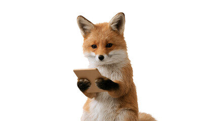 Fototapeta premium Cute fox holding tablet isolated on white background
