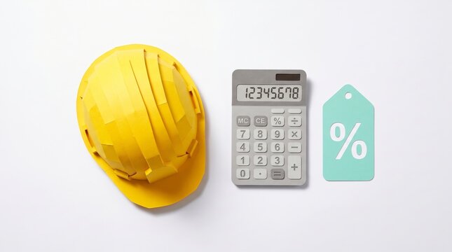 Hard hat, calculator, and percentage tag on white for construction cost management and financial planning, symbolizing project budgeting and potential savings