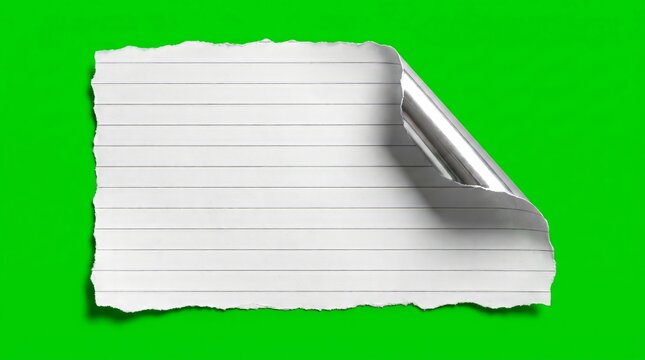 Blank ripped lined paper sheet with a subtle curled corner, presented on a vibrant green screen, perfect for creative ideas, important notes, or outlining future goals and plans