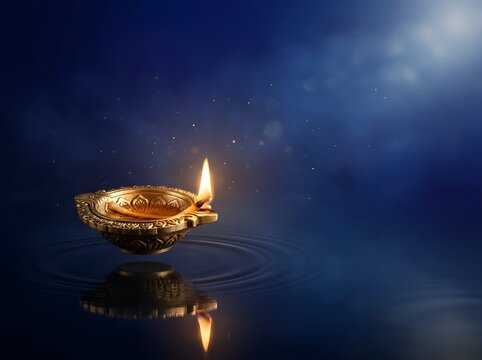 Golden diya lamp with a flickering flame reflecting in water on a dark blue background
