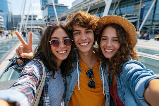 Three friends smile and pose for a selfie in a vibrant city square. They stand near a glass structure with many people walking in the background under a clear blue sky