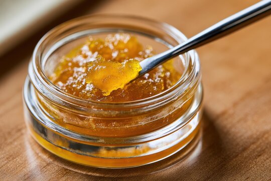 Premium budder concentrate on a wooden surface with a metal dab instrument, soft lighting