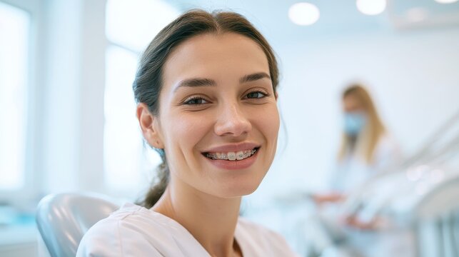 Primer plano de un paciente con brackets en una cl&Atilde;&shy;nica dental luminosa
