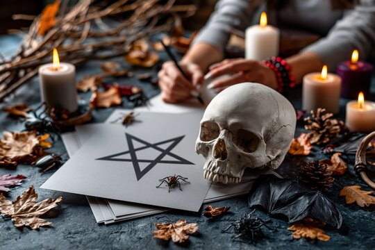 table is set with several candles, a skull, and papers marked with a symbol. There are leaves, insects, and other items around, suggesting a themed activity during evening