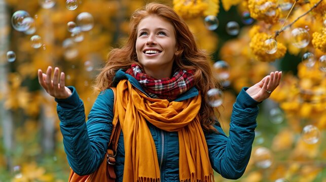 woman stands in a forest filled with yellow flowers, smiling as she plays with bubbles floating around her. Sunlight shines through trees as she enjoys day