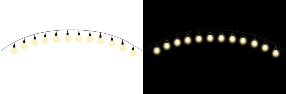Warm glowing hanging light bulb string on dark with bulbs against contrasting contrasting black white displays curved string illumination with celebration