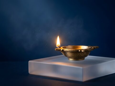 Golden diya lamp with flickering flame on frosted glass base against a dark blue background