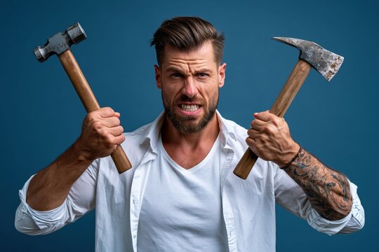 man stands with a hammer in one hand and a hatchet in other. He has a serious look on his face. background is blue, and he is wearing a white shirt