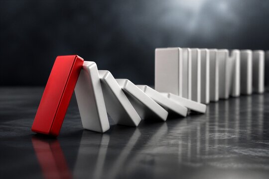 Red domino tipping over white dominoes on reflective surface