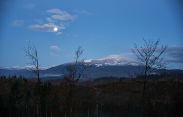 Obraz premium Evening blue sky over mountains and trees.