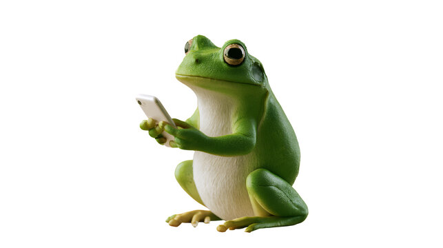 Cute frog using smartphone isolated on white background