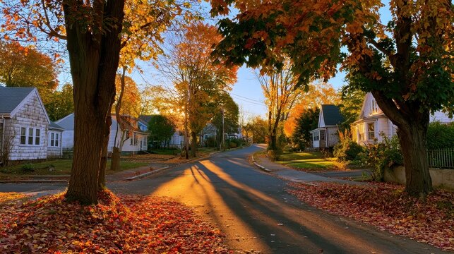 Quiet fall street with colorful leaves in a rural edge of Somerville near Boston