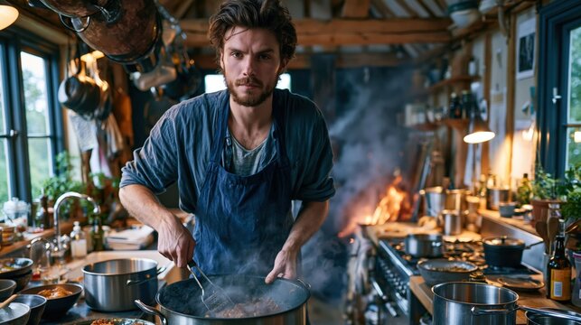 man stirs a pot in a kitchen filled with smoke and various dishes. He shows focus and skill while cooking, surrounded by utensils and cooking tools