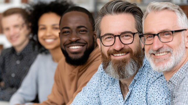 Six people sit in a row, smiling and enjoying a casual moment together in a bright indoor space. They are engaged with each other, creating a lively atmosphere