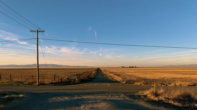 Quiet rural crossroads at Birds Landing, Solano County, California during golden hour
