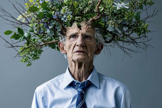 elderly man stands still with a head full of twigs and leaves. He wears a light shirt and tie. background is gray. There is a mix of plants and branches on his head, showing nature