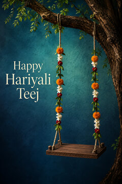 Happy hariyali teej and kajari teej empty wooden swing decorated with marigold jasmine garlands beneath leafy tree against dramatic blue background scene