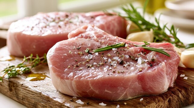 Raw center-cut pork chops with sea salt and herbs on a rustic cutting board