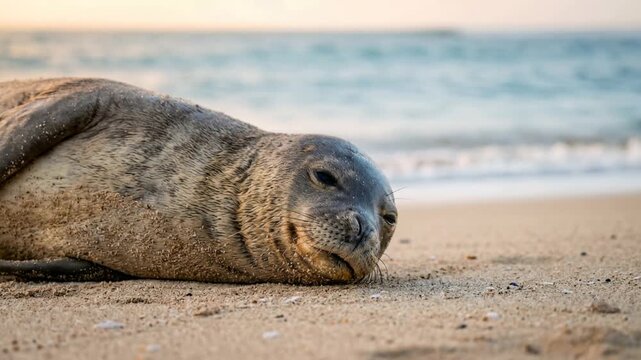 hawaiian monk seal close up at morning light on kauaʻi beach hawaii usa video