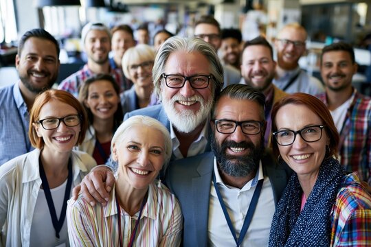Everyone in the group is smiling and some have their arms around each other. This gathering is happening in an office setting with many people standing closely together
