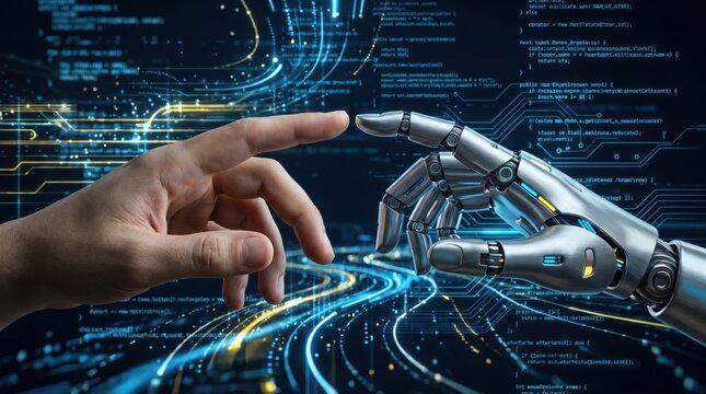Human hand touching robotic hand in futuristic digital interface, concept of human machine connection and technology innovation with glowing circuit lines and code in background