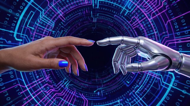 Human hand with blue nail polish reaching metallic robotic hand against neon digital circuit background, connection and technology emotion evoked