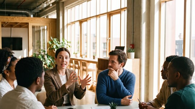 Young professionals in modern workspace engaged in collaborative discussion around table, sharing ideas and attentive body language in bright meeting room with large windows