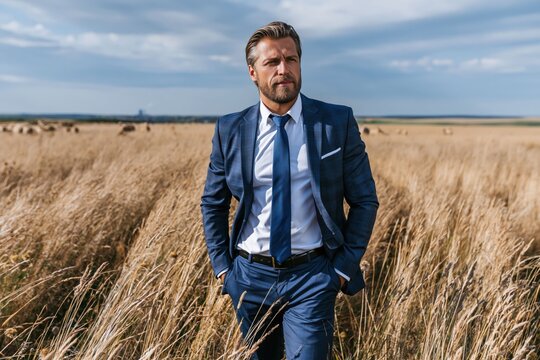 businessman walks through a field of tall grass wearing a blue suit and tie. sun shines above him as he moves among dry plants during day