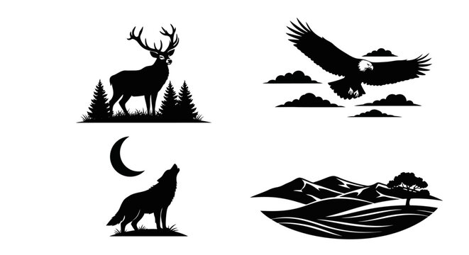 Wildlife Silhouettes Featuring Deer Eagle Wolf And Landscape Silhouette