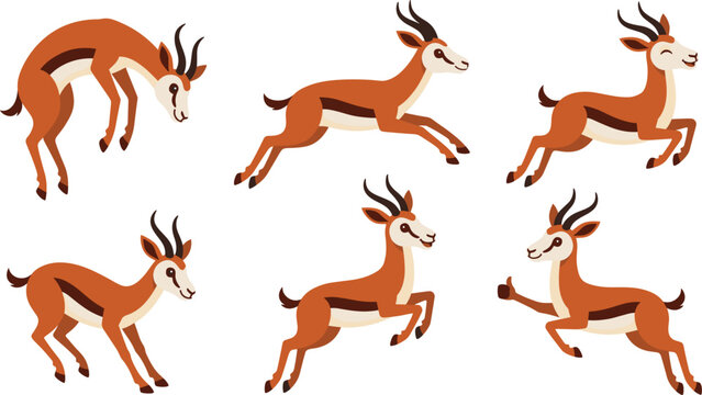 Cute Cartoon Gazelle Antelope Character Set with Diverse Poses and Expressions Including Jumping, Running, Prancing, and Showing a Thumbs Up Gesture
