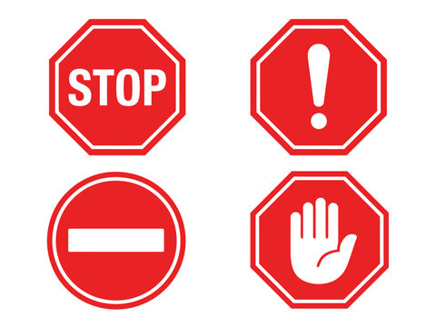Warning and stop sign icon set, red stop signs, exclamation mark, hand gesture, prohibition, traffic safety, road alert, caution symbols, editable vector, isolated on transparent background.