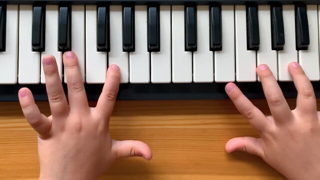 Young child hands playing electronic piano keyboard. A child practices music, explores sounds, and develops finger coordination. Top view 4K footage