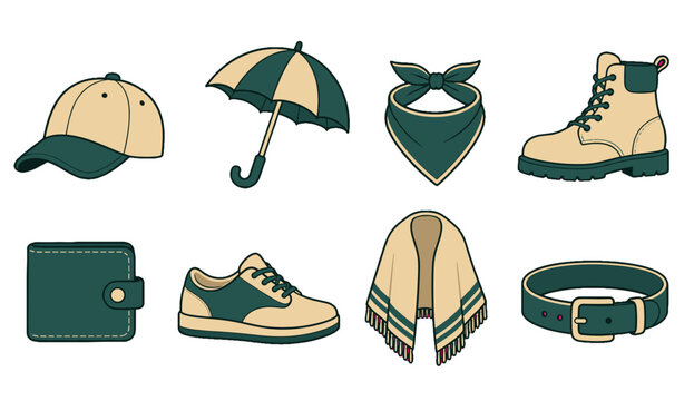 Vector set of clothing and accessory icons in green and beige