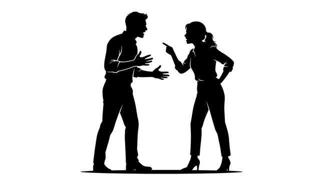 Couple standing in a tense confrontation with expressive hand gestures creates a stark monochromatic silhouette that emphasizes the emotional conflict between the two figures against a white backdrop.