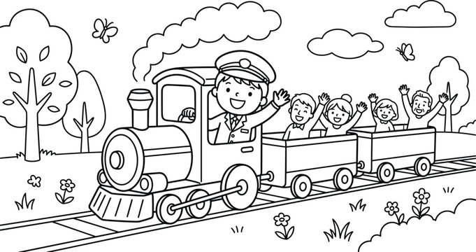 Happy train conductor driving mini locomotive engine coloring page vector with cheerful families and children waving from passenger cars