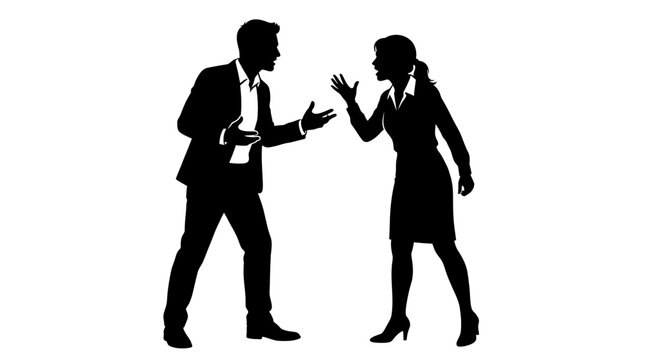 Businessman and businesswoman silhouettes engage in a sharp, assertive verbal exchange, demonstrating the challenging nature of professional communication and office-based interpersonal conflict.