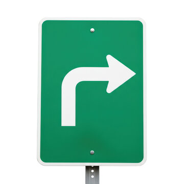 Green road sign with right turn arrow isolated on white background