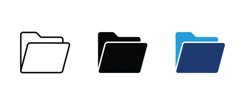 Folder icon set open and closed file folders line, silhouette and solid blue styles on a white background.